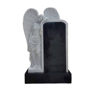 Rectangular black marble tombstone with granite standning angel statue