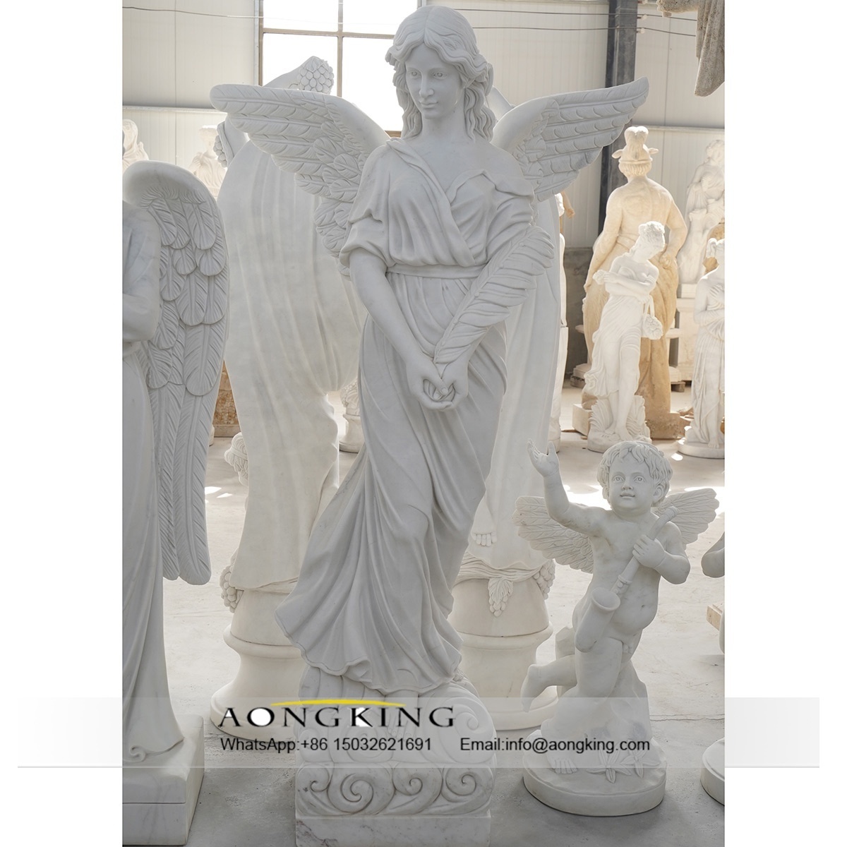 Outdoor Garden Hand Carved Life Size Angel With Wings White Marble Angel Statue For Sale