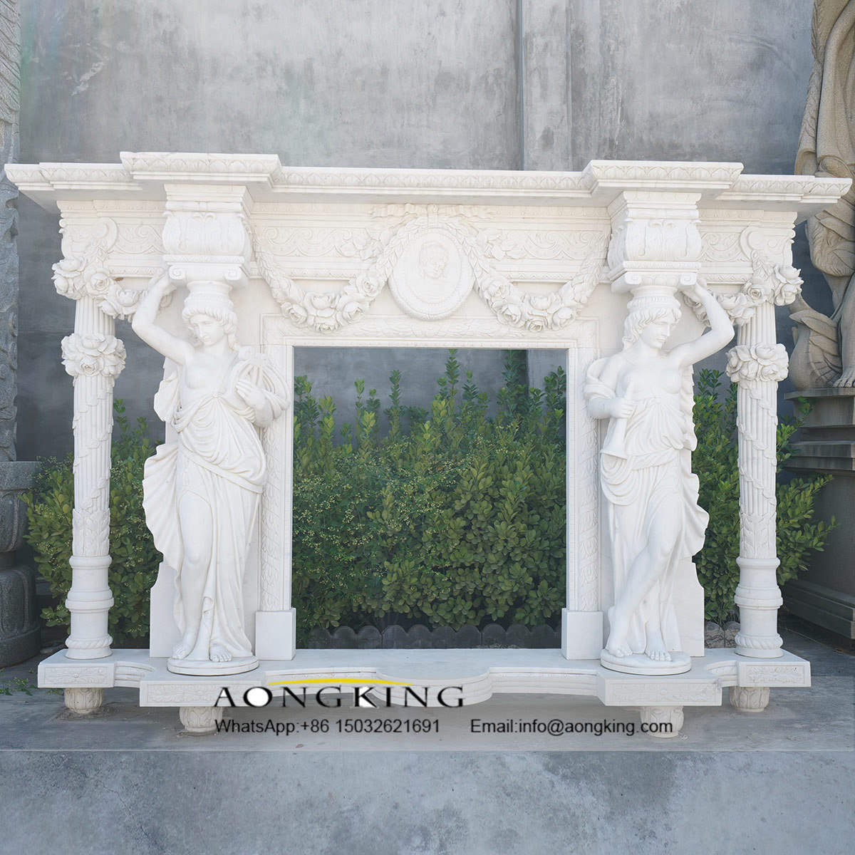 Natural white marble fireplace mantel with columns and women statues