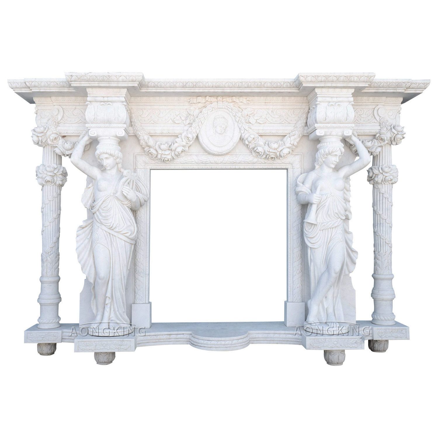 Natural white marble fireplace mantel with columns and women statues