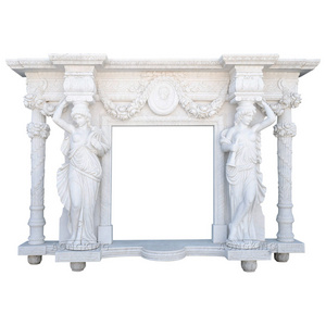 Natural white marble fireplace mantel with columns and women statues