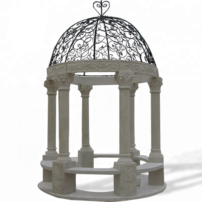 Simple round pavilion natural stone gazebo with metal iron dome