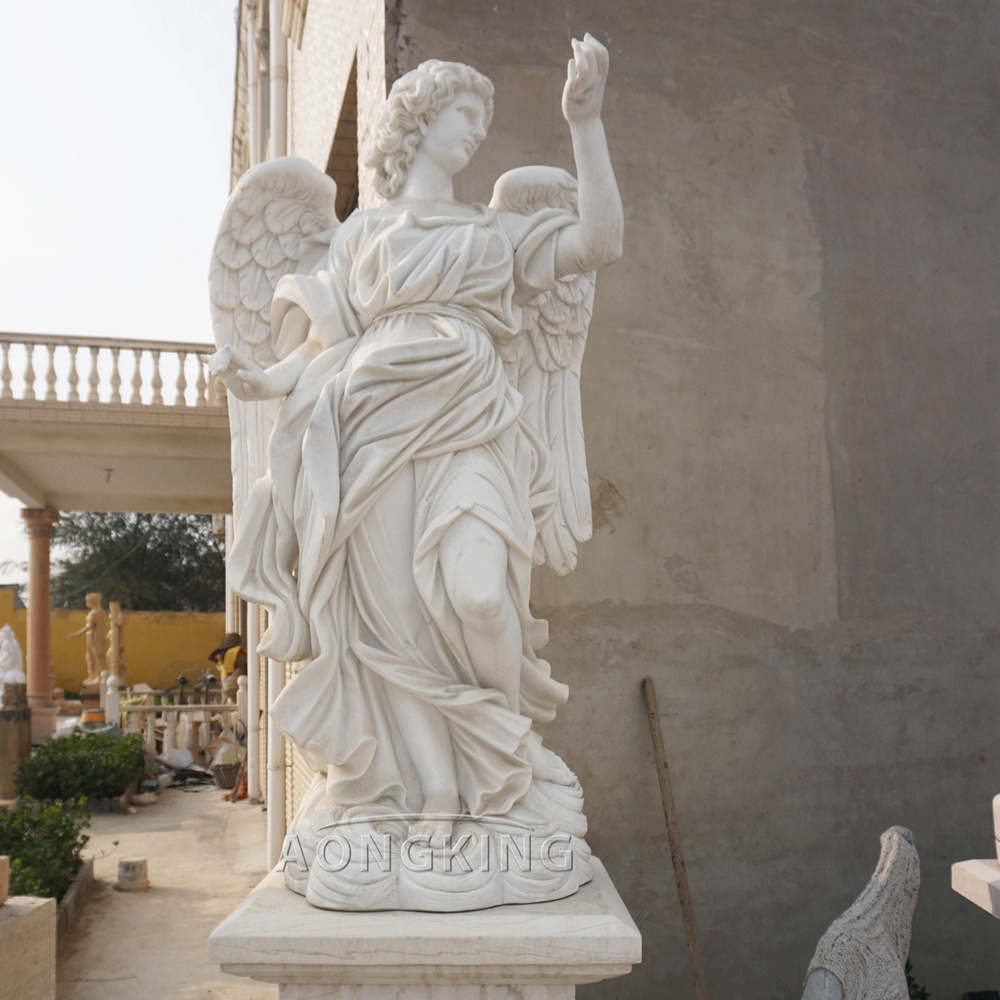 Outdoor Garden Hand Carved Life Size Angel With Wings White Marble Angel Statue For Sale