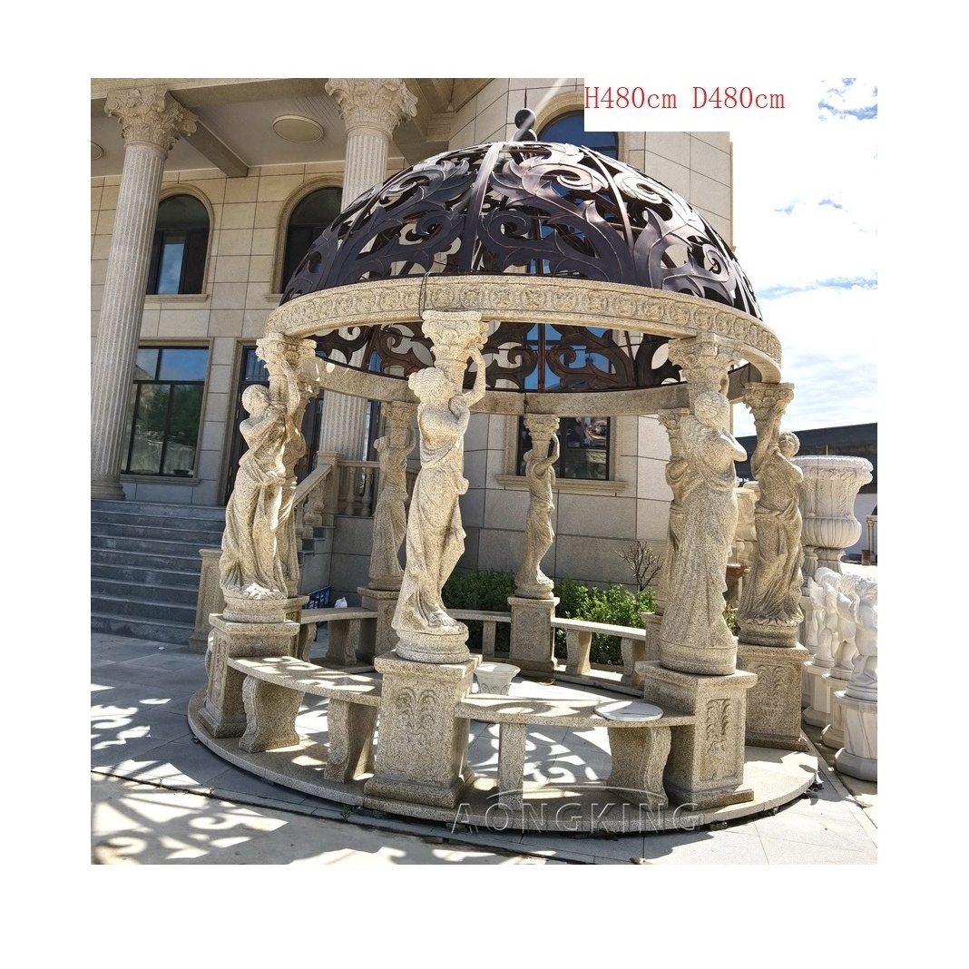 Simple round pavilion natural stone gazebo with metal iron dome