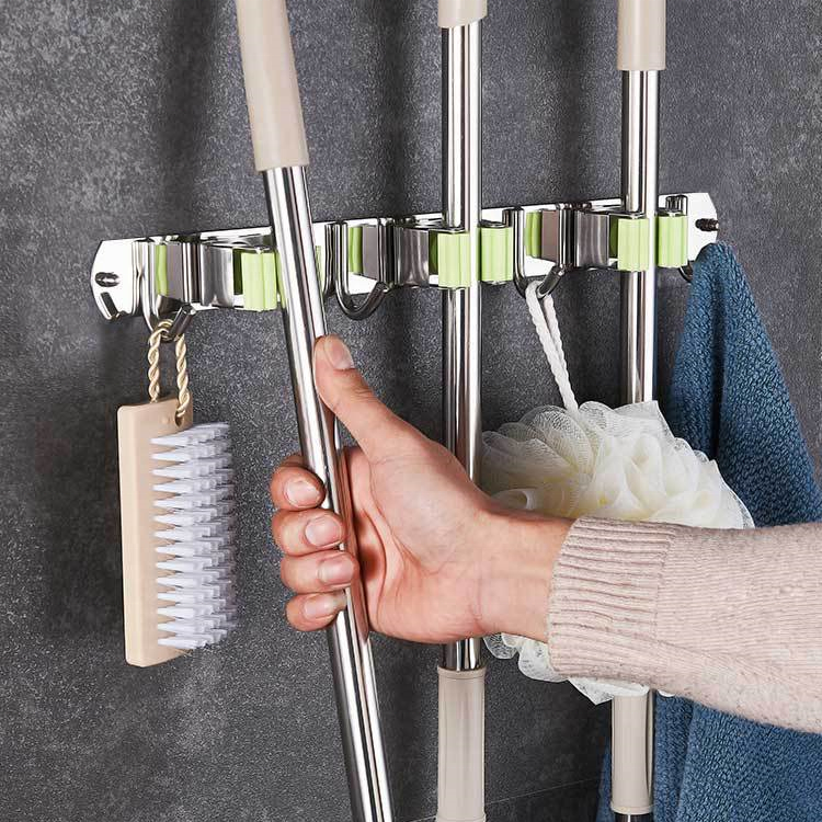 2023 Hot Sale Wall Mounted Garage Organizer Wall Hangers Storage Racks Stainless Steel Broom and Mop Holder with Hooks