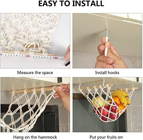 Fruit Storage Hanging Fruit Hammock for Kitchen Under Cabinet, Macrame Fruit Basket with Hooks