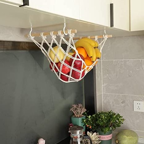 Fruit Storage Hanging Fruit Hammock for Kitchen Under Cabinet, Macrame Fruit Basket with Hooks