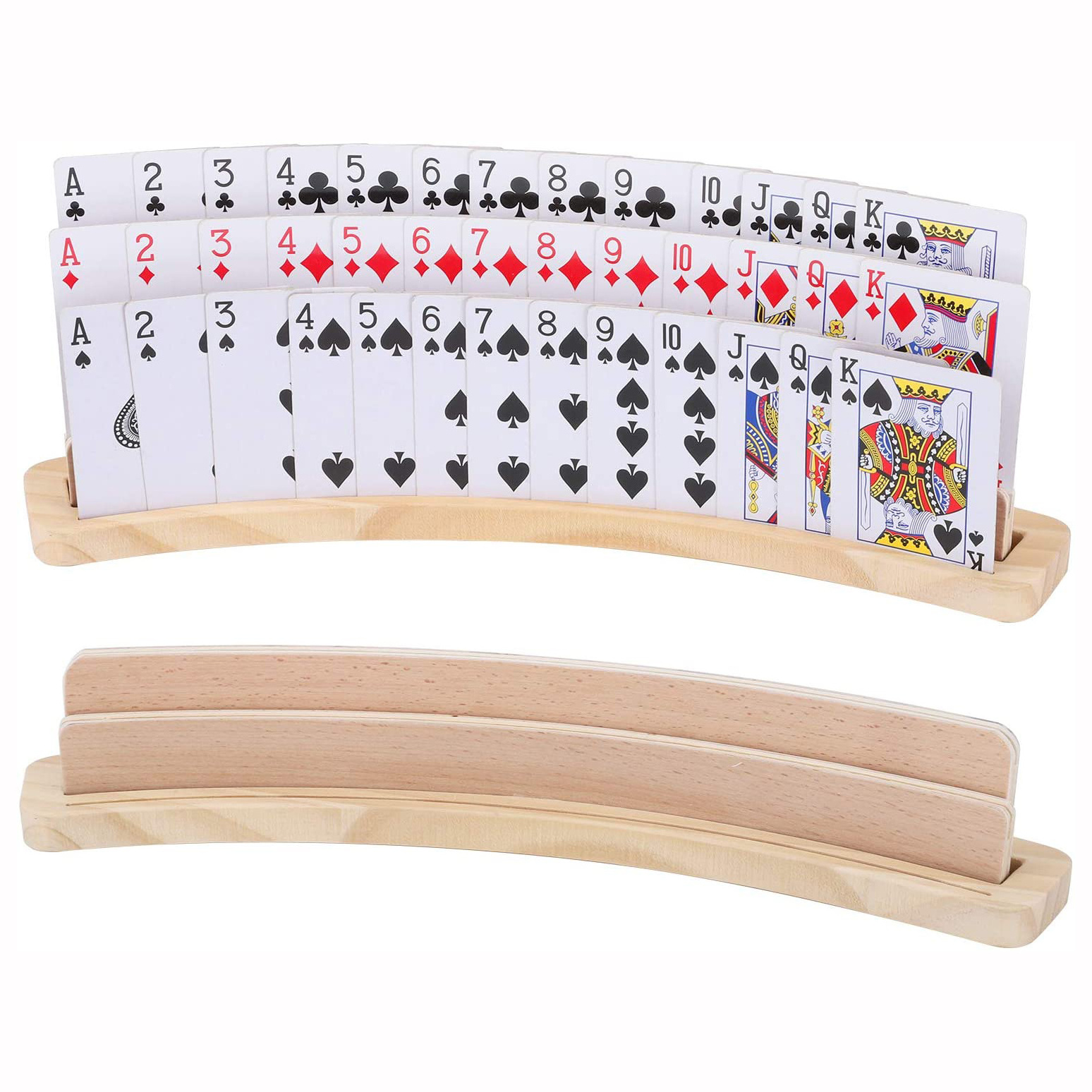 Curved Wooden Playing Card Holder Tray Rack Organizer Set for Bridge Canasta Strategy Card Playing