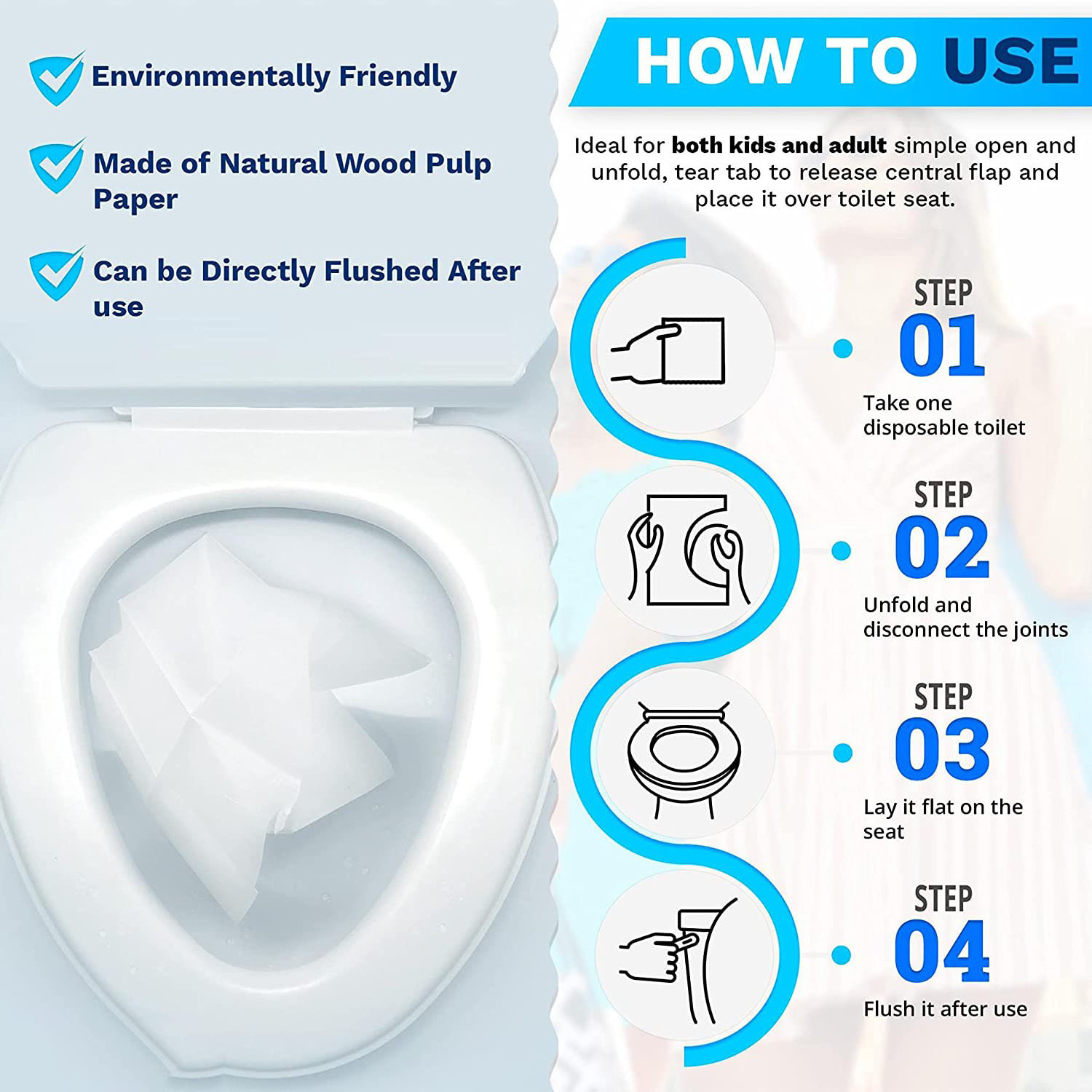 Flushable Disposable Toilet Seat Cover,100%  Flushable and environmental for Camping, Road Trip and Airplane Travel