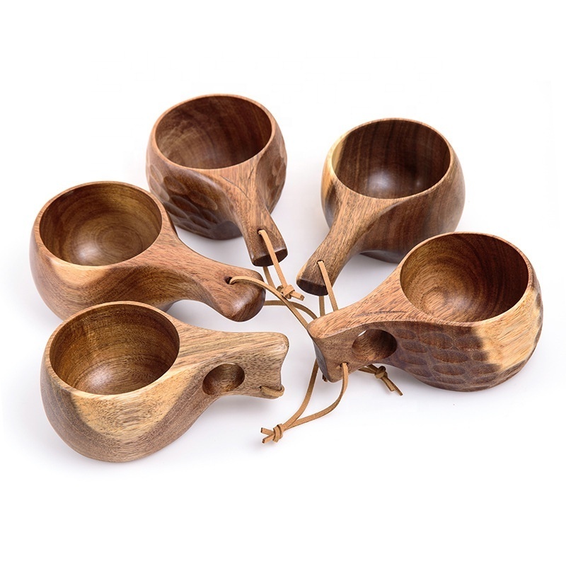 new style natural acacia kuksa tea beer coffee cup Finland wooden cup travel portable cup with handle custom LOGO