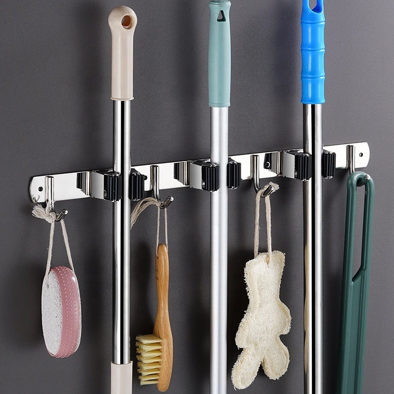 2023 Hot Sale Wall Mounted Garage Organizer Wall Hangers Storage Racks Stainless Steel Broom and Mop Holder with Hooks