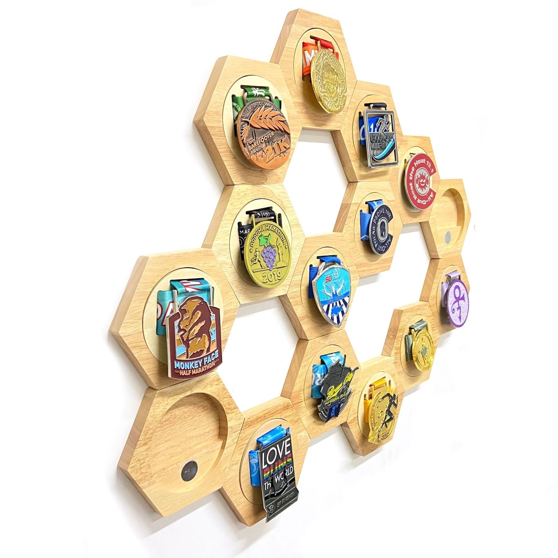 2022 Newest Honeycomb Combination Medal Display Stand,Hexagonal Wood Medal Display Frame,Creative Stitching Free Punch Strong