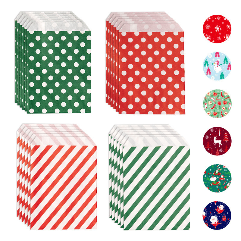 Wholesale YJC-p01 24 Pcs/ Set Christmas Candy Bag Red And Green Polka Dot Twill Kraft Paper Bag With Stickers