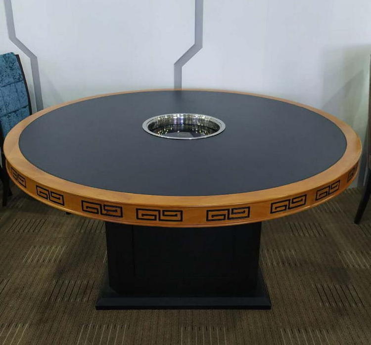 China Supplier Exquisite Carved Craft Metal Frame Restaurant Round Hot Pot Dining Wood Table