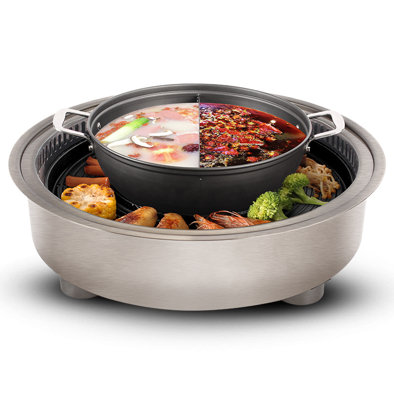 Restaurant 2 In 1 Round Electric Korean BBQ Grill Hotpot Function With bbq smoke exhauster