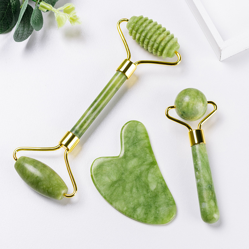 Wholesale Rose Quartz Face Massage Facial Tools Jade Roller Custom Logo Facial Jade Stone Massage Roller Gua Sha Tool Set