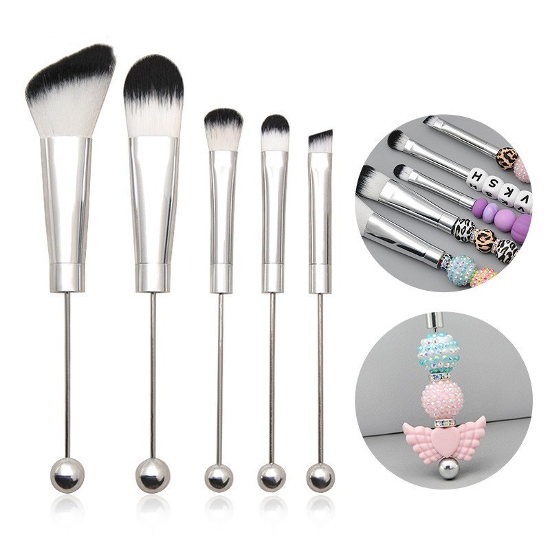 5-Piece Custom DIY Beaded Metal Handle Makeup Brush Set for Professional Loose Powder Blush Eyeshadow Eyebrow Beauty Tools