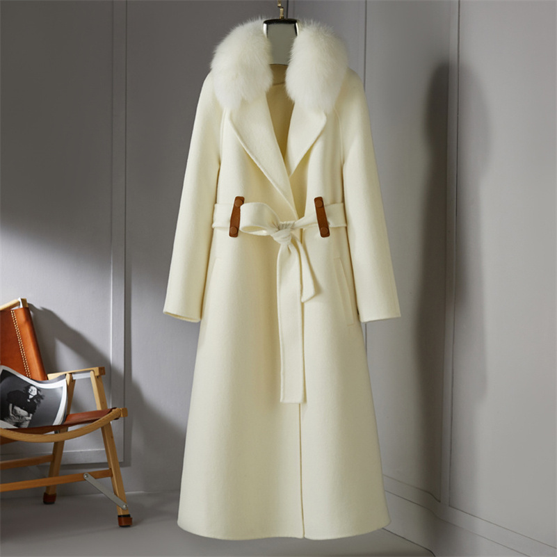 Women 90% wool blends Long coat jacket with real fox fur collar overcoats jackets Trench