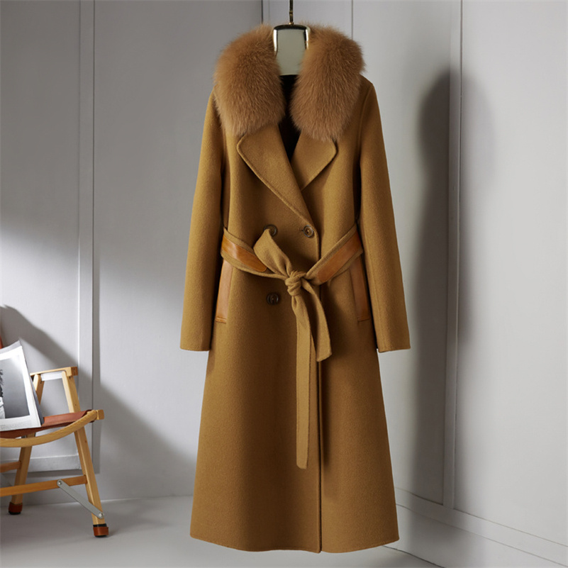 Women 90% wool blends Long coat jacket with real fox fur collar overcoats jackets Trench