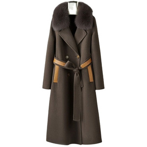 Women 90% wool blends Long coat jacket with real fox fur collar overcoats jackets Trench