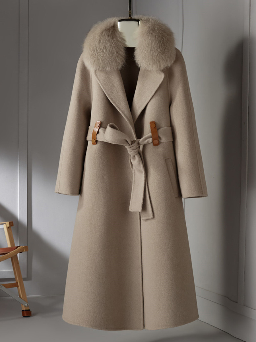 Women 90% wool blends Long coat jacket with real fox fur collar overcoats jackets Trench