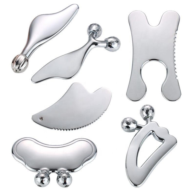 Custom Logo Body Metal Scraping Guasha Massage Tool Set 304 Stainless Steel Face Gua Sha Board With Roller