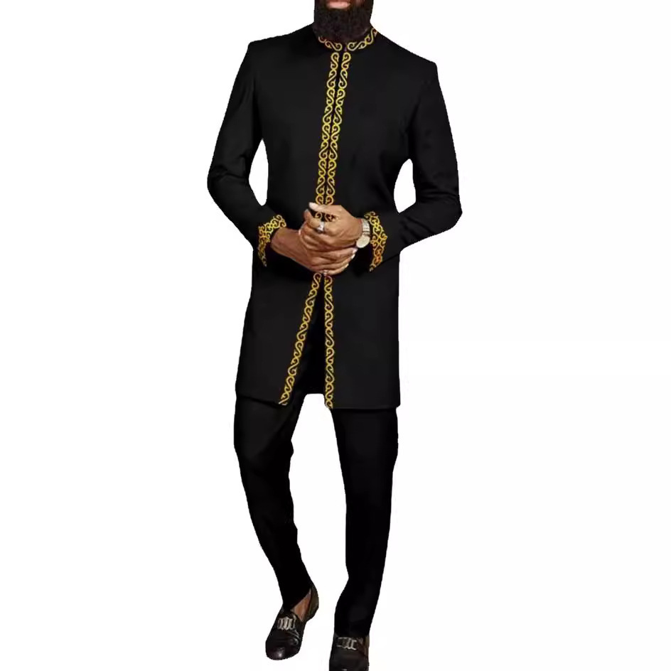 Men Kaunda Suits Embroidered Flower Top Trousers African Casual Traditional Dashiki Outfits Man Suit Wedding 2pcs Sets Wear