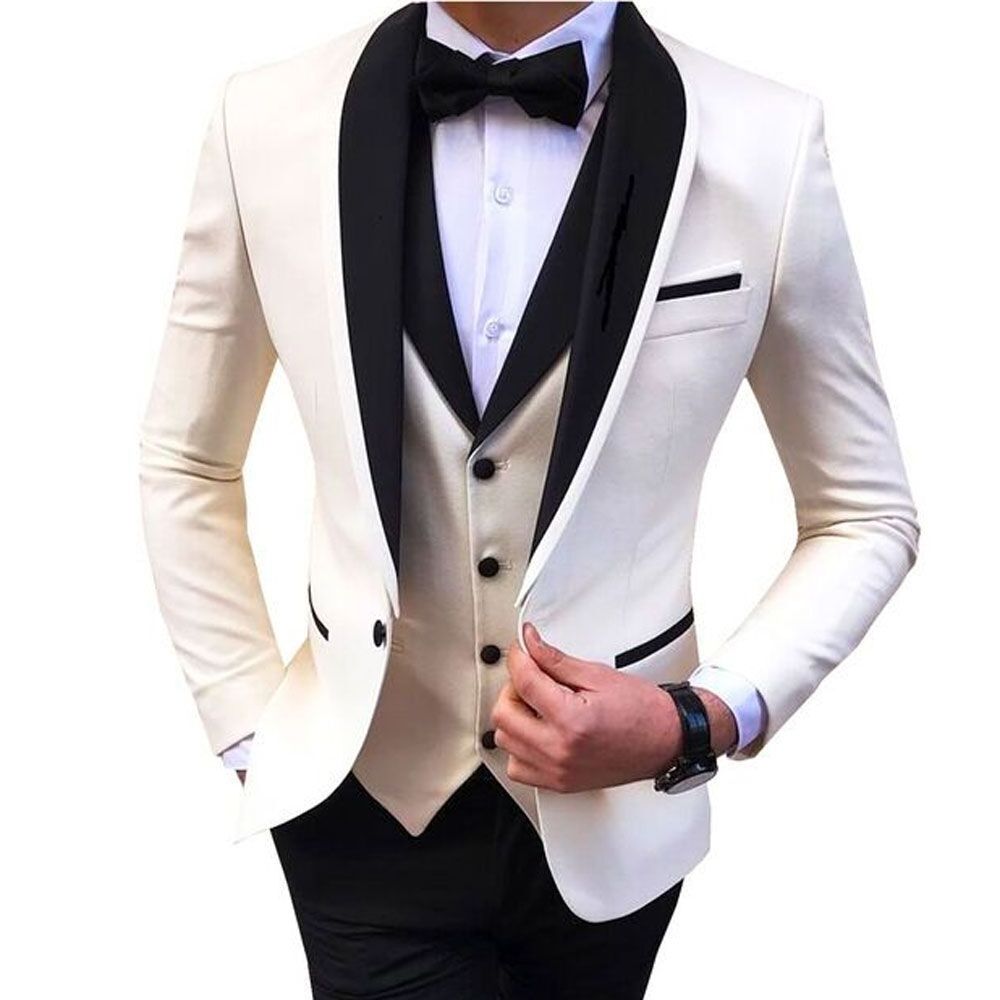 Men Suits Slim Fit 3 Pieces Formal Business Tuxedos One Button Wedding Men's Suit Men Blazer Black And White Blazer