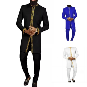 Men Kaunda Suits Embroidered Flower Top Trousers African Casual Traditional Dashiki Outfits Man Suit Wedding 2pcs Sets Wear