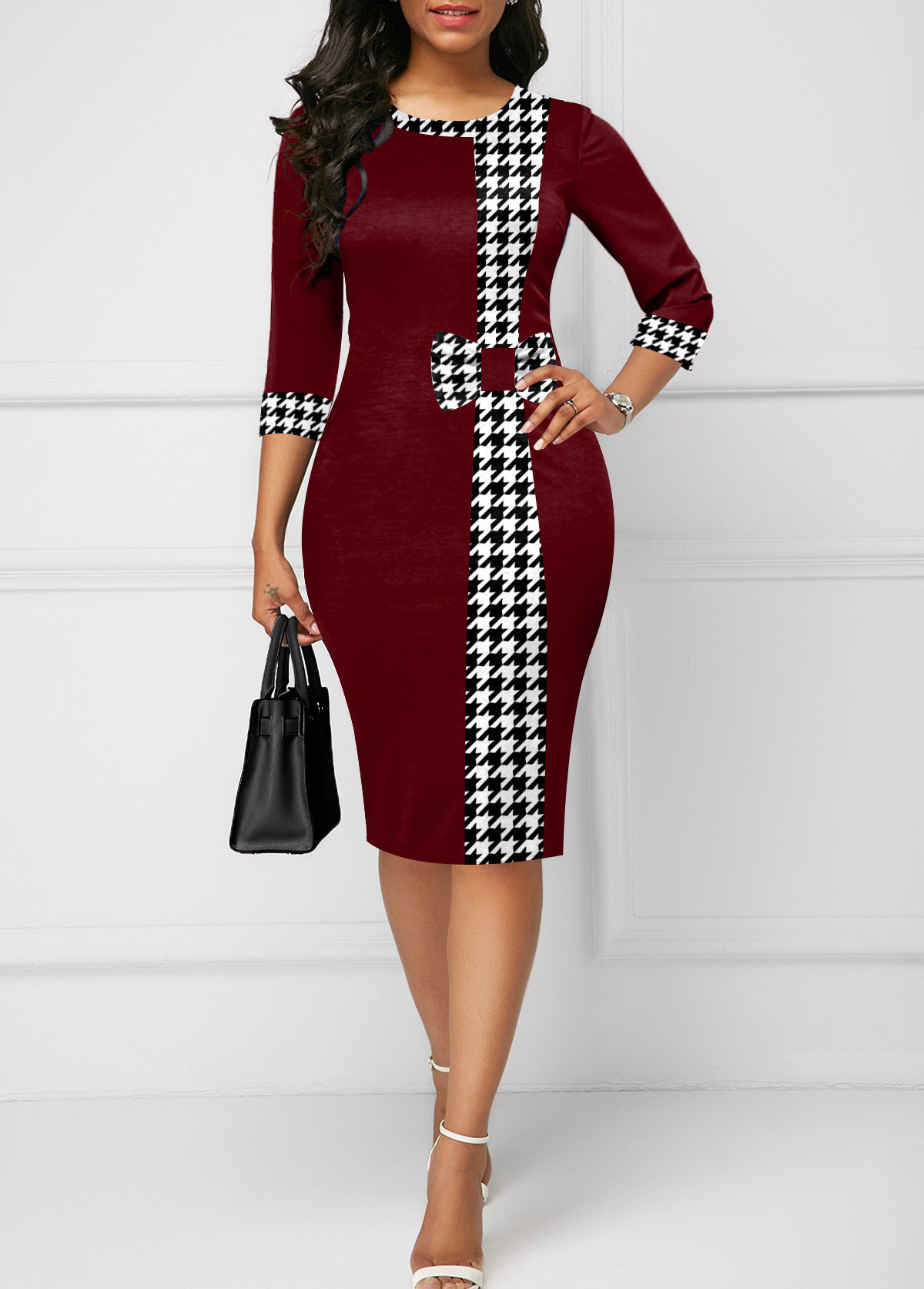 3XL Womens 3/4 Sleeve Round Neck Casual Houndstooth Bodycon Wear to Work Pencil Sheath Midi Dresses Formal