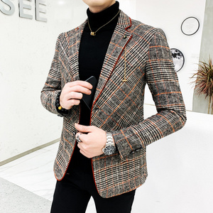 New Arrival Woolen Blazer For Men Korean Style Coat Hombre Stylish Slim Fit Casual Tweed Plaid Men Blazer Jacket