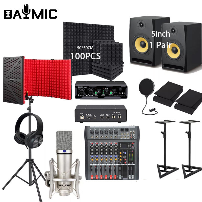 Professional Studio record Monitors speaker 34mm Microphone Headphones sound card home club Broadcast Recording Equipment Kit