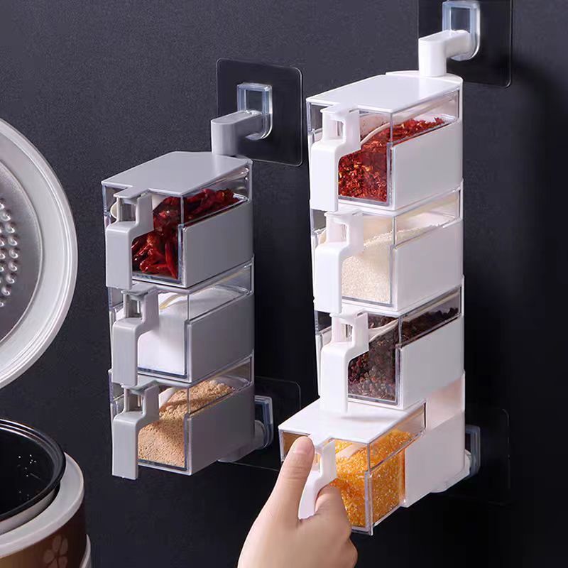 Fashion Design Kitchen Storage Tools Organizer Wall-Mounted Seasoning Box Multi-Layer Rotating Plastic Spice Box