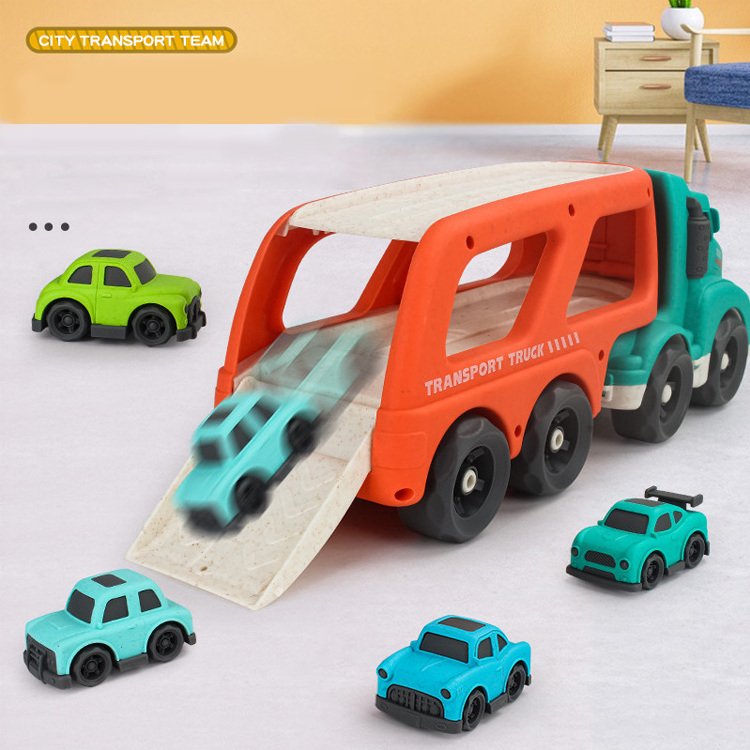 Eco-friendly Wheat Straw Baby Educational City Car Model Friction Vehicles Toys Transport Car Carrier Truck Toy for Kids