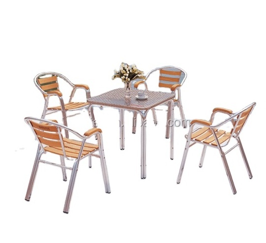 Aluminium garden wooden table and chairs set for sale Outdoor dining table and chairs set Aluminium wooden chairs with armrests