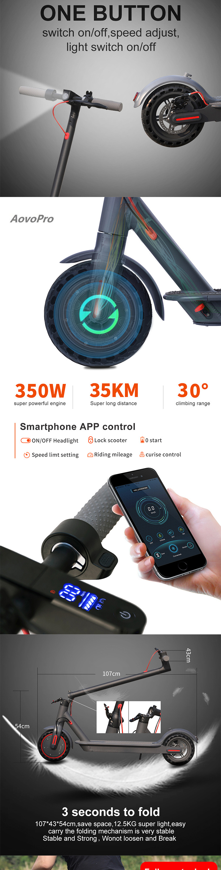 Aovopro Smart App Patinete Electrico EU DE UK US Warehouse 10.5ah Bettery Waterproof 2 Wheel Adult Fold E Scooter