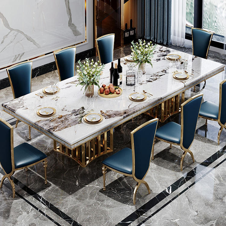 Metal furniture sets factory gold stainless steel dinning table modern rectangle marble top dining table with 10 seaters