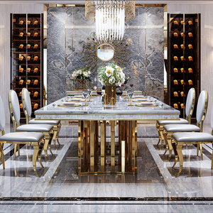 Metal furniture sets factory gold stainless steel dinning table modern rectangle marble top dining table with 10 seaters