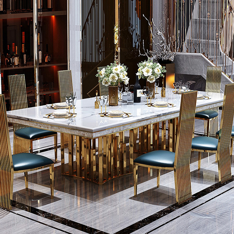 Metal furniture sets factory gold stainless steel dinning table modern rectangle marble top dining table with 10 seaters