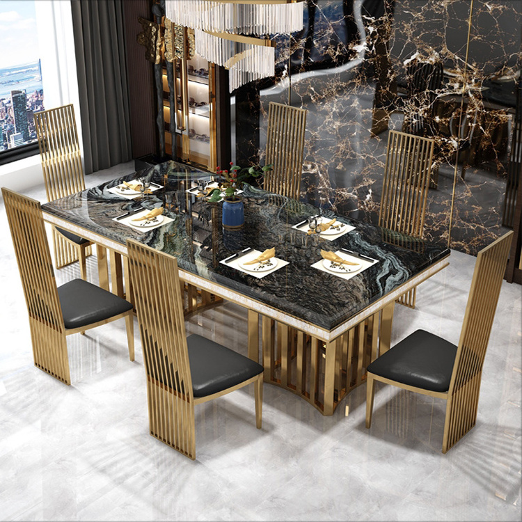 Metal furniture sets factory gold stainless steel dinning table modern rectangle marble top dining table with 10 seaters