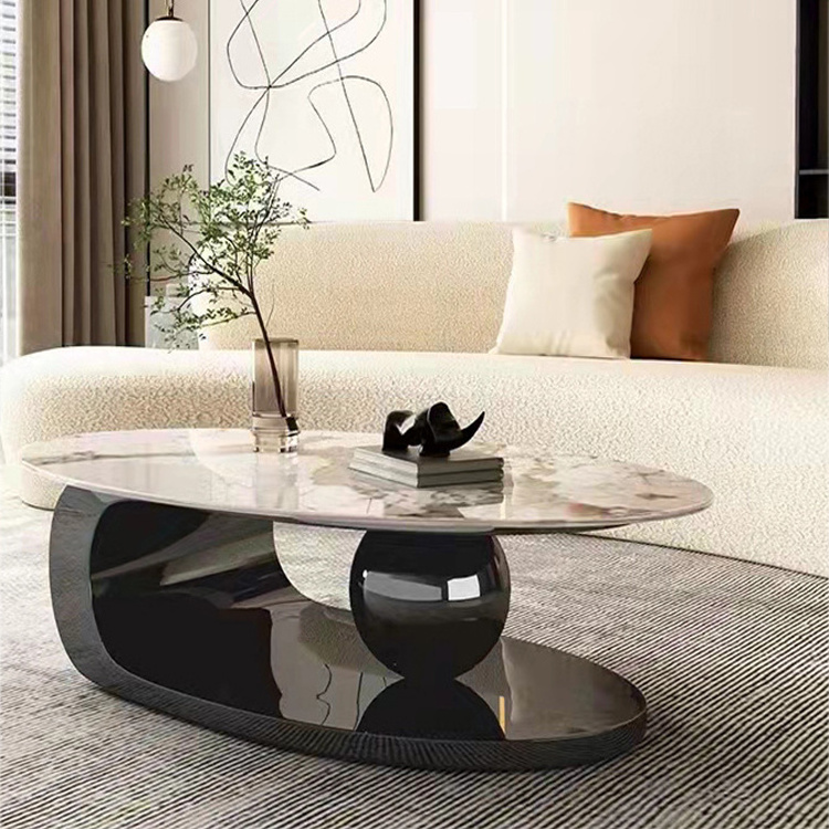 Modern living room furniture antique black metal stainless steel ball white marble oval coffee table