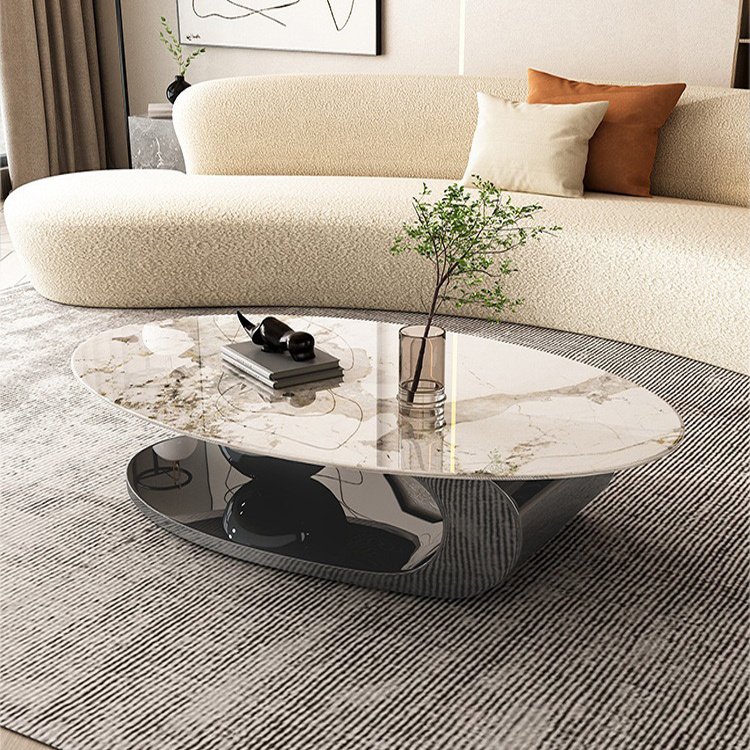 Modern living room furniture antique black metal stainless steel ball white marble oval coffee table