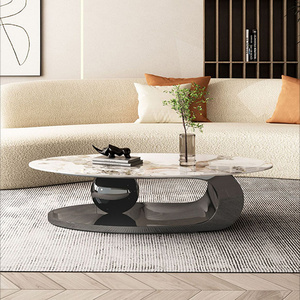 Modern living room furniture antique black metal stainless steel ball white marble oval coffee table