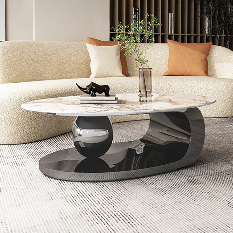 Modern living room furniture antique black metal stainless steel ball white marble oval coffee table