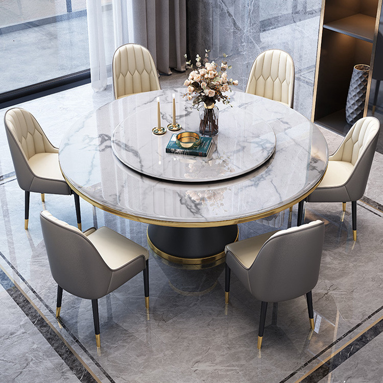 Wholesale price popular metal base two marble top rotating dining table set round dining table with rotating centre