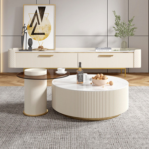 Hot selling marble top 2pcs glass table set with drawer storage round white concrete coffee table