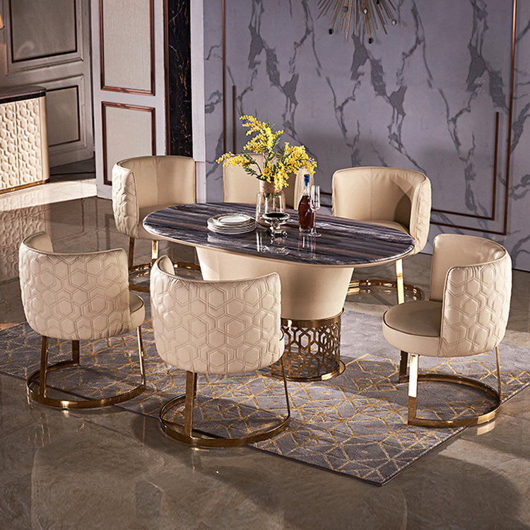 Italian High Dining Room Furniture Stainless Steel Oval Dinning Table Sets Luxury 6 Chairs Modern Marble Dining Table Set