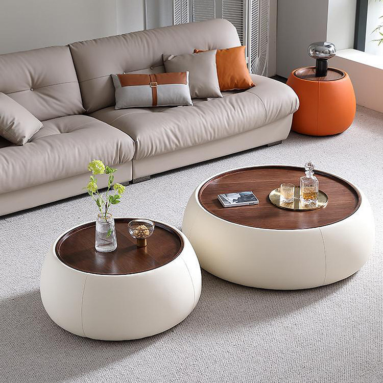 modern Italian creative design luxury leather frame living room furniture end table wood marble coffee table