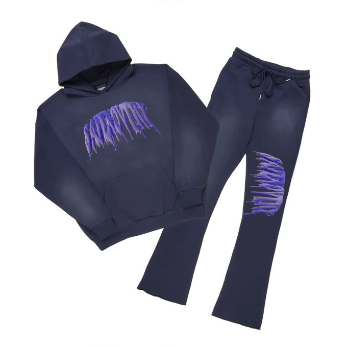 Latest design tracksuit heren custom 500 gsm heavyweight distressed purple flare sweatpants and hoodie sets men tracksuit