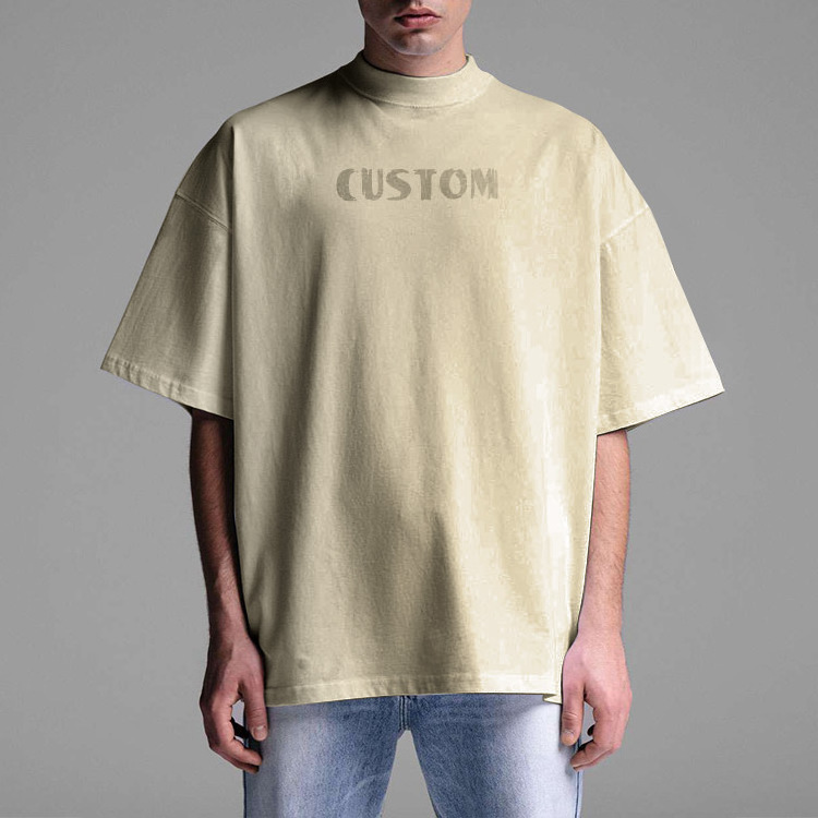 High Neck Short Sleeve Drop Shoulder Thick Oversize Pima 100% Cotton Heavy Tshirt Boxy Fit Tee Blank Plain Shirts Print T Shirt